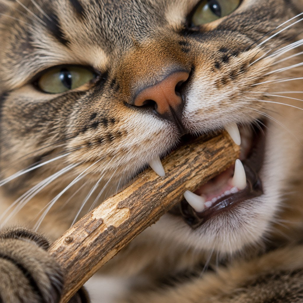 Gato mordiendo un stick de matatabi