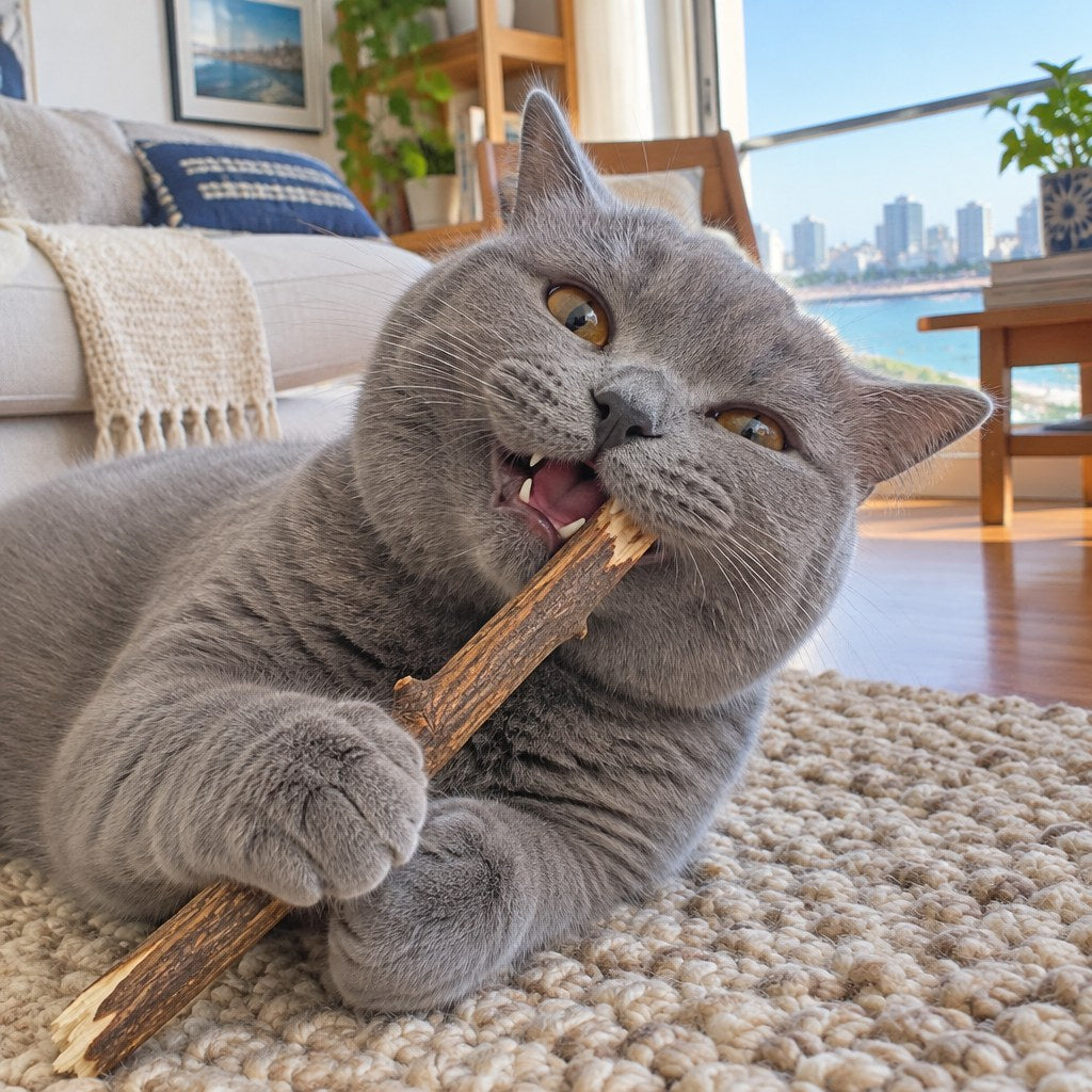 Gato jugando con un stick de matatabi