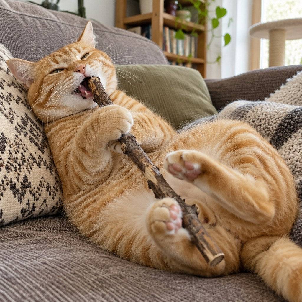 Gato abrazando un stick de matatabi