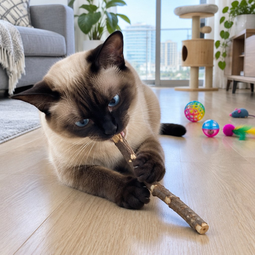 Gato siamés jugando con matatabi